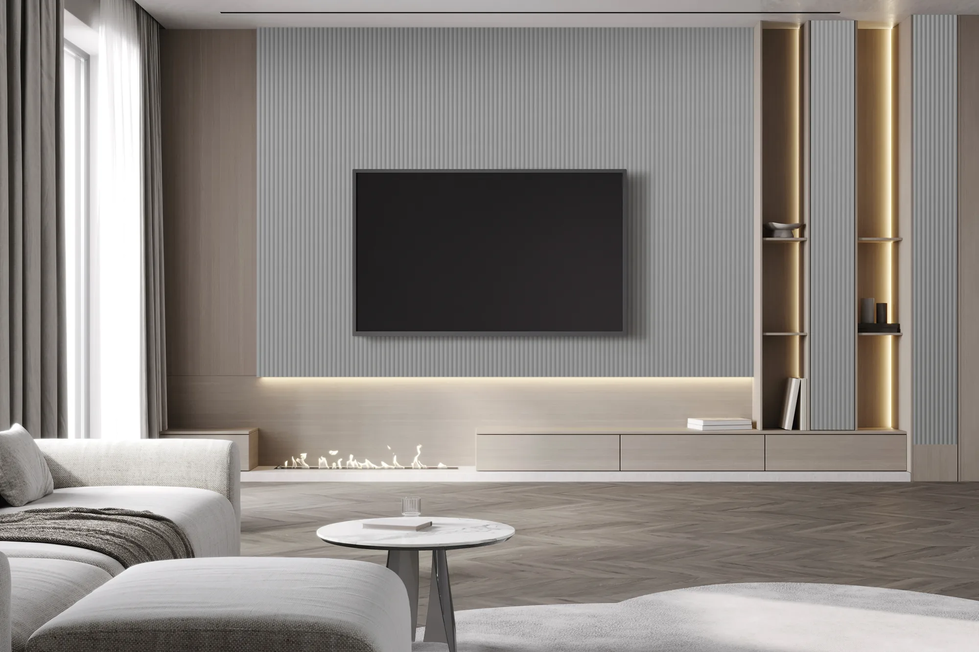 Yeni Gri dalgalı duvar paneliyle TV ünitesi duvarı